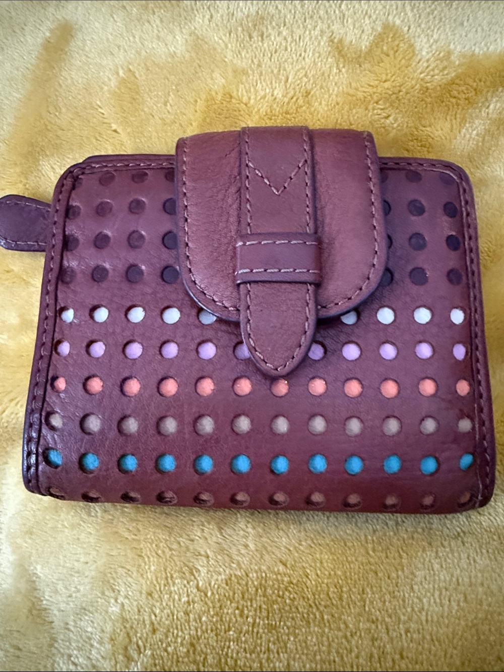 Vintage Fossil Purple Leather Wallet with Multicolor Dot Accents